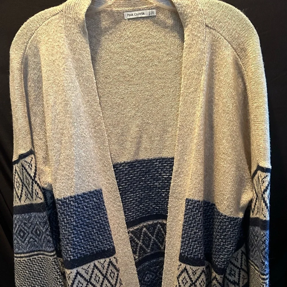 Pink Clover Blue and Beige Patterned Open Front Cardigan - Picture 1 of 7